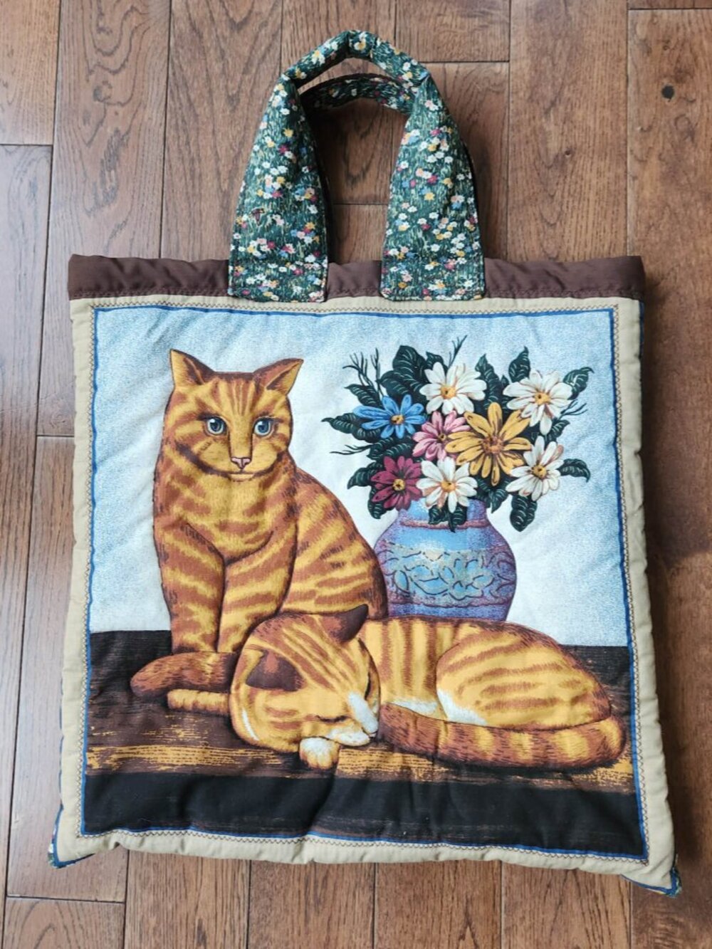 Vintage Handmade Quilt Style Cat Tote Bag